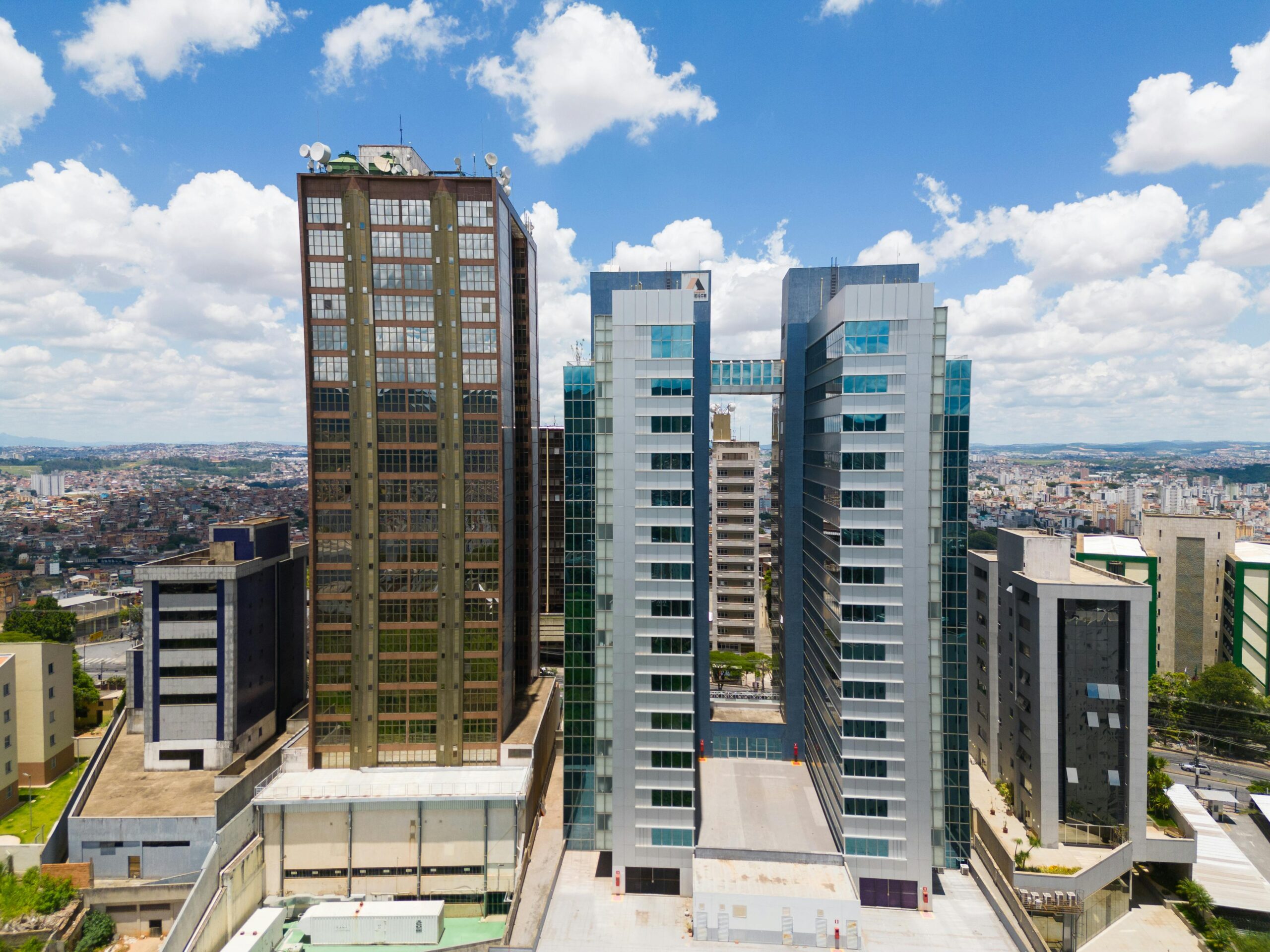 Aerial view of the modern skyscrapers in Belo Horizonte, Brazil under a clear blue sky.