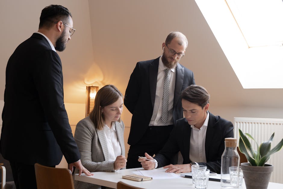 A diverse business team in suits reviewing documents during a meeting indoors.